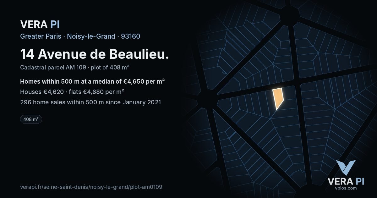 14 Avenue de Beaulieu, Noisy-le-Grand at night – the plot lit, the parcels around coloured by the prices near them