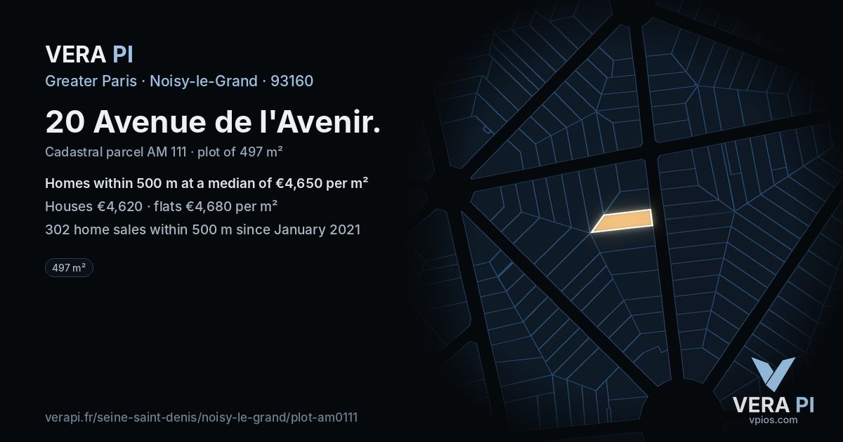 20 Avenue de l'Avenir, Noisy-le-Grand at night – the plot lit, the parcels around coloured by the prices near them