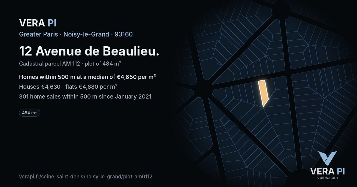 12 Avenue de Beaulieu, Noisy-le-Grand at night – the plot lit, the parcels around coloured by the prices near them
