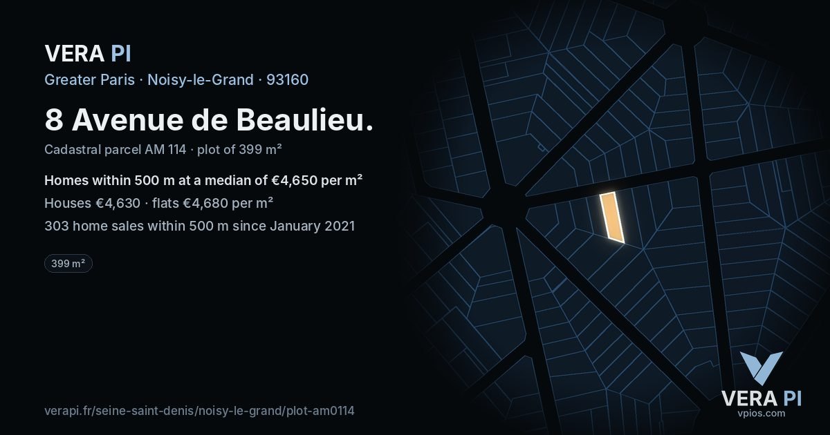 8 Avenue de Beaulieu, Noisy-le-Grand at night – the plot lit, the parcels around coloured by the prices near them