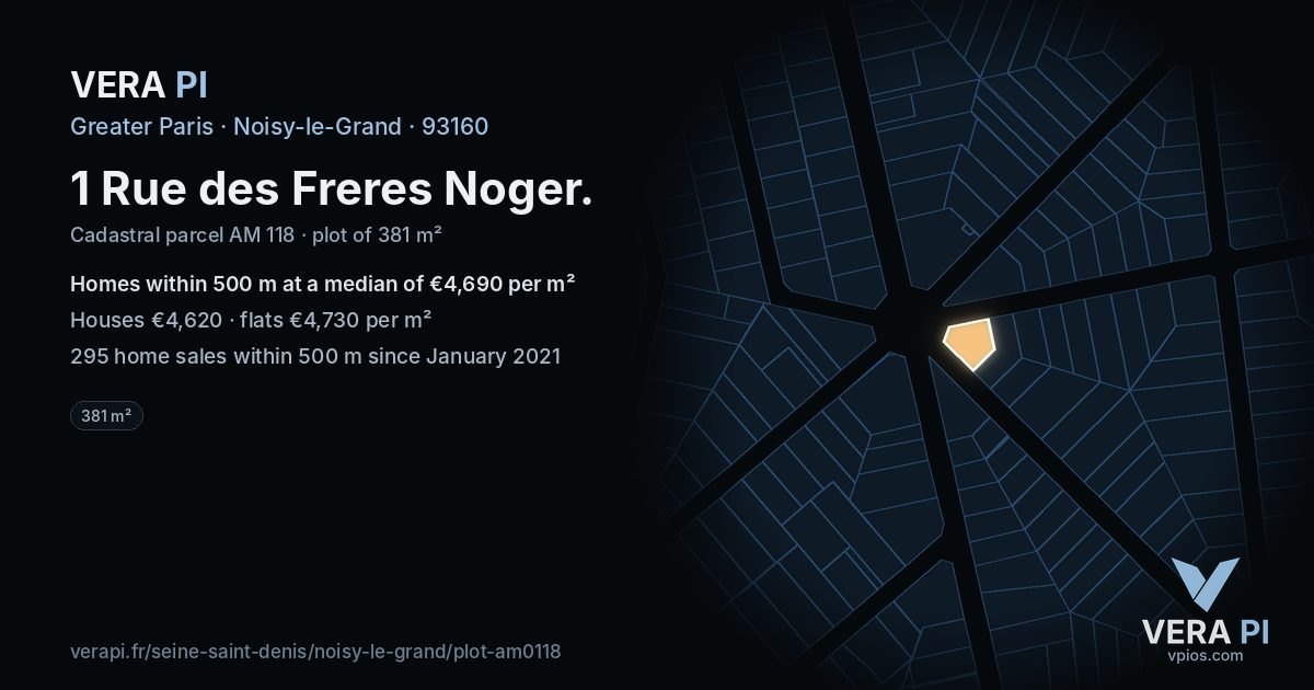 1 Rue des Freres Noger, Noisy-le-Grand at night – the plot lit, the parcels around coloured by the prices near them