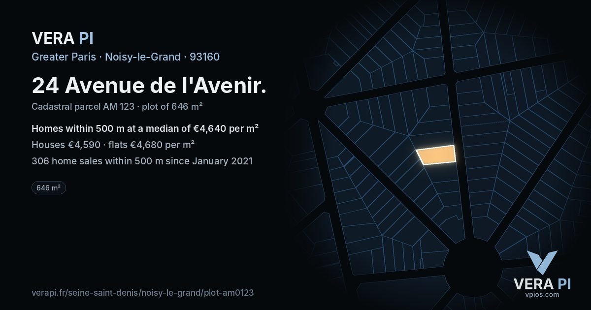 24 Avenue de l'Avenir, Noisy-le-Grand at night – the plot lit, the parcels around coloured by the prices near them