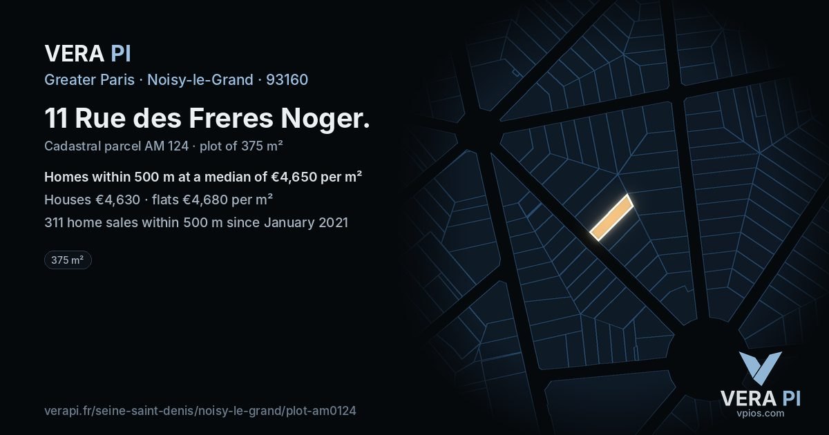 11 Rue des Freres Noger, Noisy-le-Grand at night – the plot lit, the parcels around coloured by the prices near them