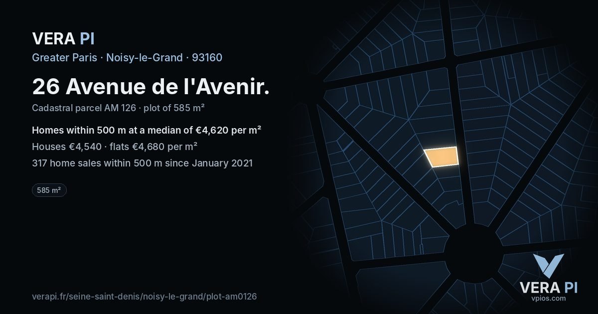 26 Avenue de l'Avenir, Noisy-le-Grand at night – the plot lit, the parcels around coloured by the prices near them