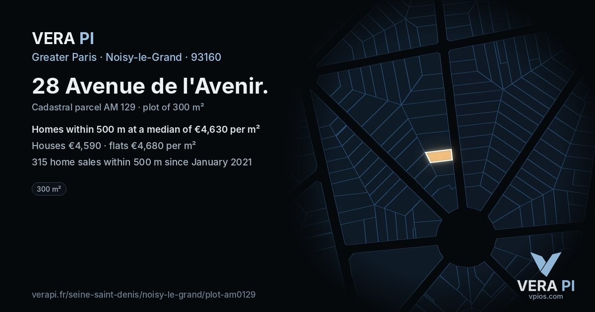 28 Avenue de l'Avenir, Noisy-le-Grand at night – the plot lit, the parcels around coloured by the prices near them