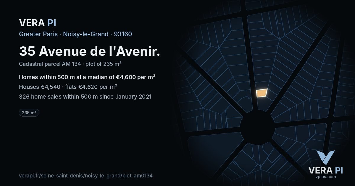 35 Avenue de l'Avenir, Noisy-le-Grand at night – the plot lit, the parcels around coloured by the prices near them