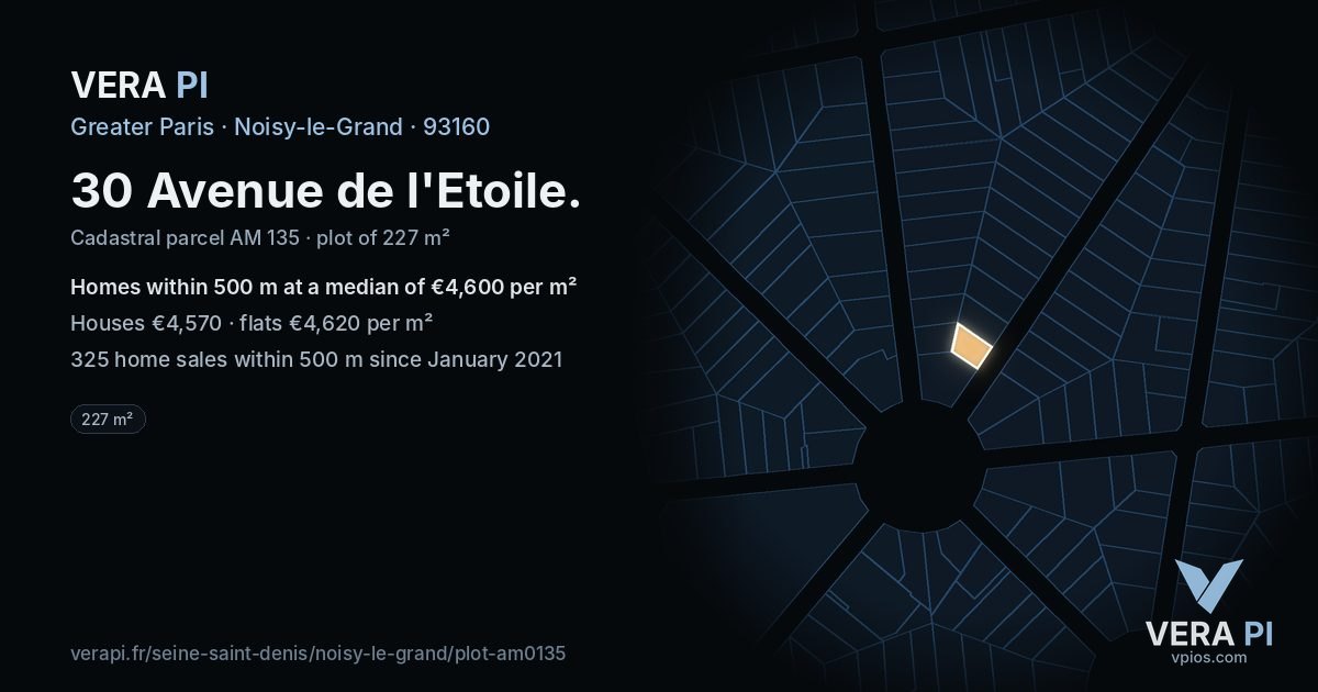 30 Avenue de l'Etoile, Noisy-le-Grand at night – the plot lit, the parcels around coloured by the prices near them