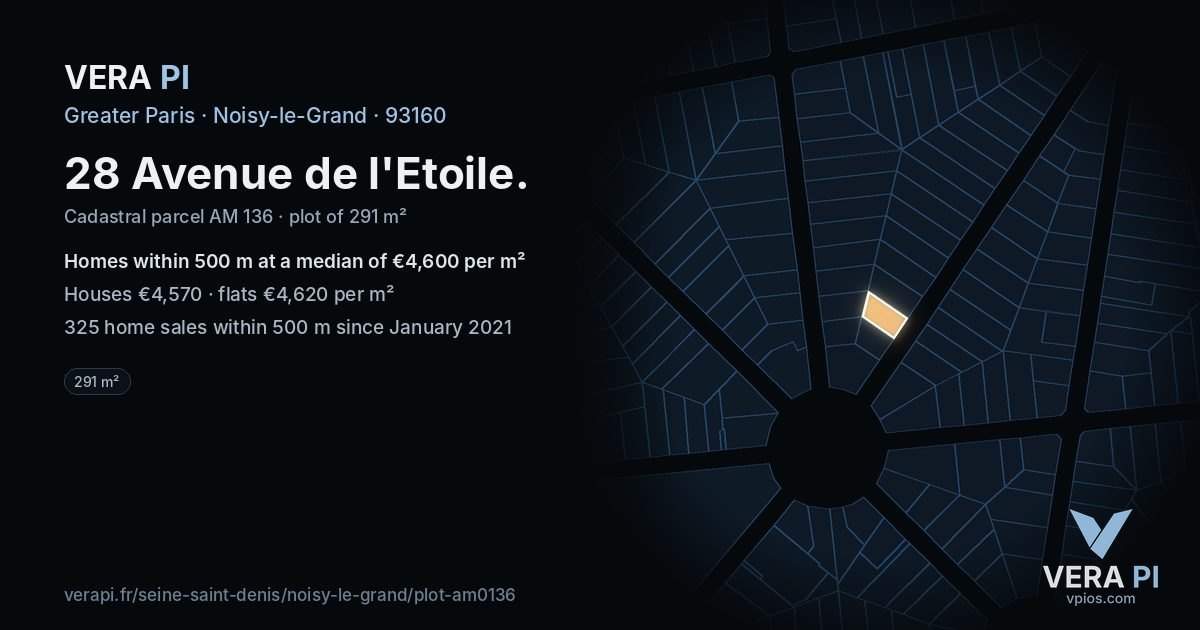 28 Avenue de l'Etoile, Noisy-le-Grand at night – the plot lit, the parcels around coloured by the prices near them