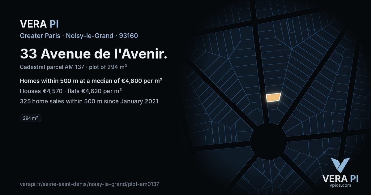 33 Avenue de l'Avenir, Noisy-le-Grand at night – the plot lit, the parcels around coloured by the prices near them