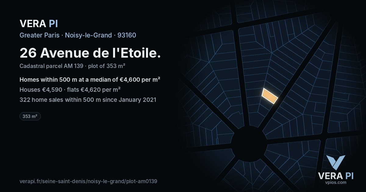 26 Avenue de l'Etoile, Noisy-le-Grand at night – the plot lit, the parcels around coloured by the prices near them