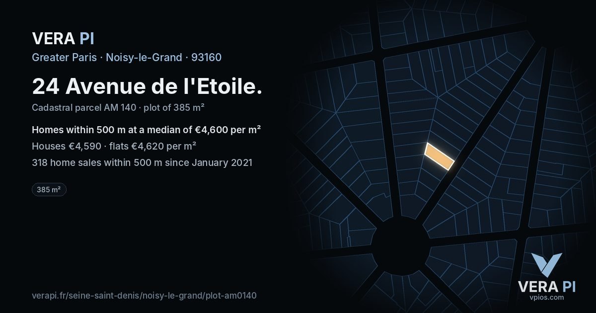 24 Avenue de l'Etoile, Noisy-le-Grand at night – the plot lit, the parcels around coloured by the prices near them