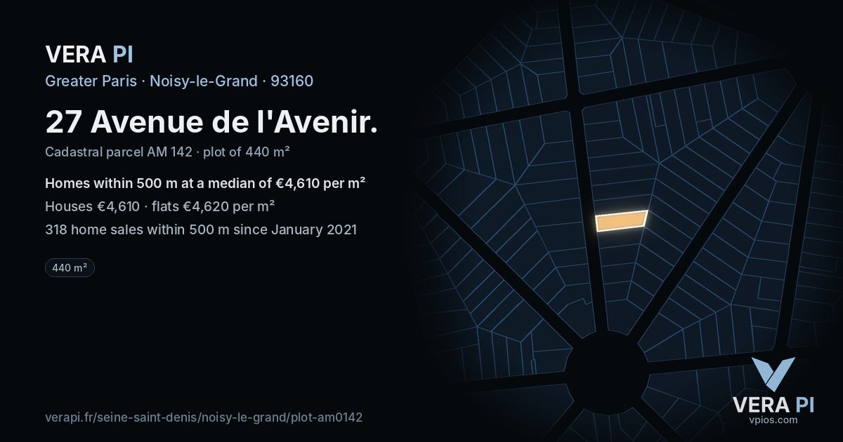 27 Avenue de l'Avenir, Noisy-le-Grand at night – the plot lit, the parcels around coloured by the prices near them