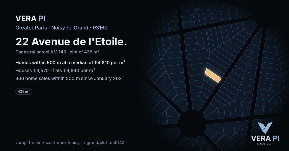 22 Avenue de l'Etoile, Noisy-le-Grand at night – the plot lit, the parcels around coloured by the prices near them
