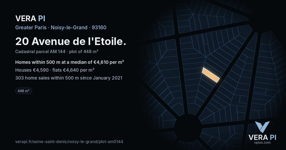20 Avenue de l'Etoile, Noisy-le-Grand at night – the plot lit, the parcels around coloured by the prices near them