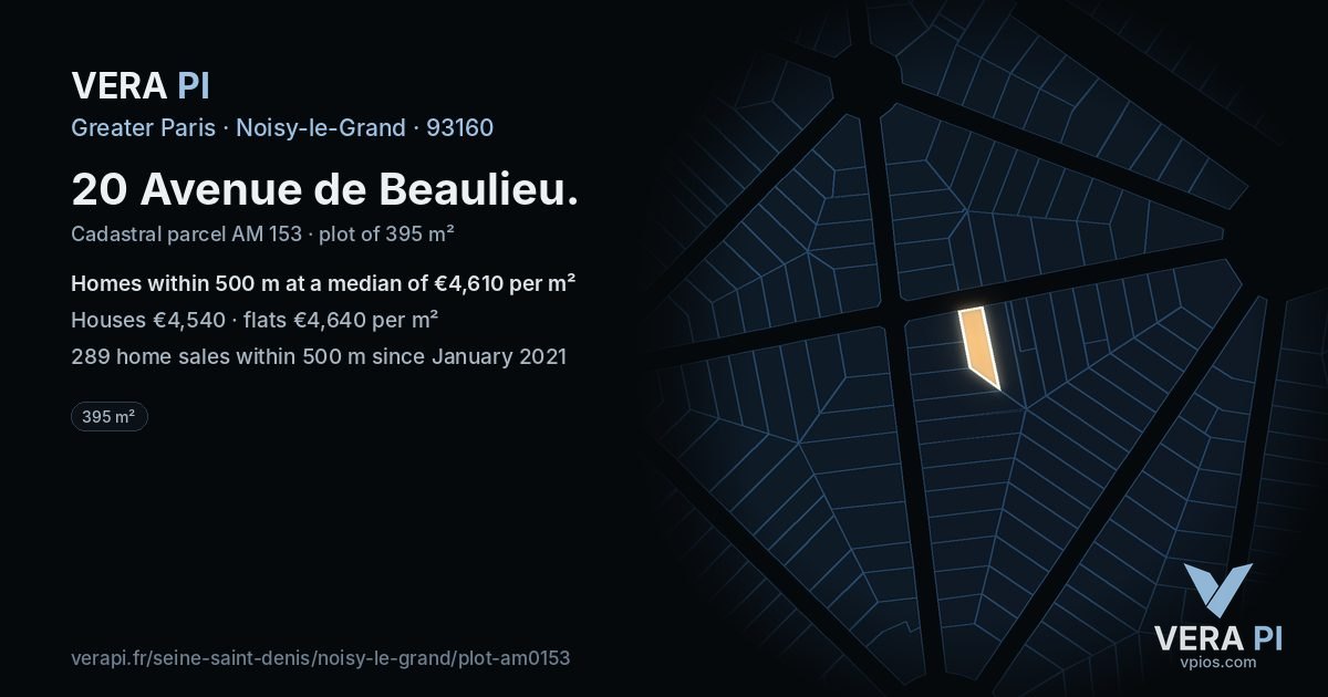 20 Avenue de Beaulieu, Noisy-le-Grand at night – the plot lit, the parcels around coloured by the prices near them