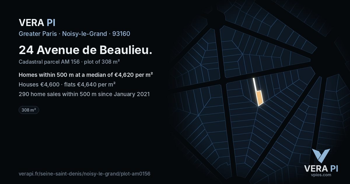 24 Avenue de Beaulieu, Noisy-le-Grand at night – the plot lit, the parcels around coloured by the prices near them