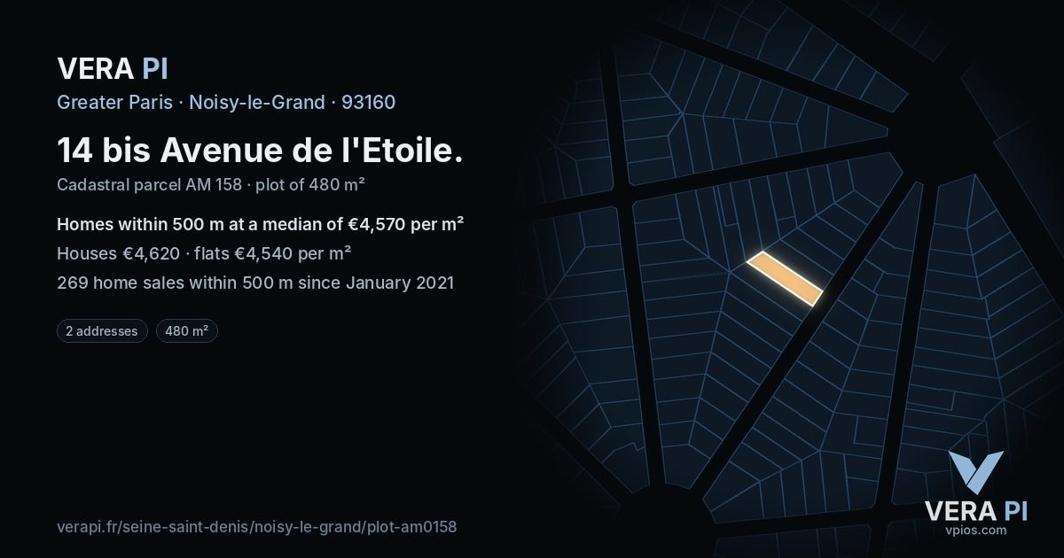 14 bis Avenue de l'Etoile, Noisy-le-Grand at night – the plot lit, the parcels around coloured by the prices near them