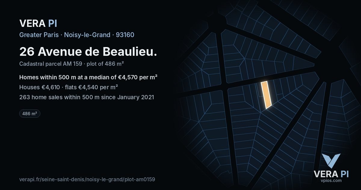 26 Avenue de Beaulieu, Noisy-le-Grand at night – the plot lit, the parcels around coloured by the prices near them