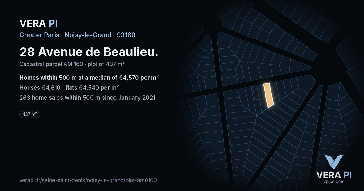 28 Avenue de Beaulieu, Noisy-le-Grand at night – the plot lit, the parcels around coloured by the prices near them