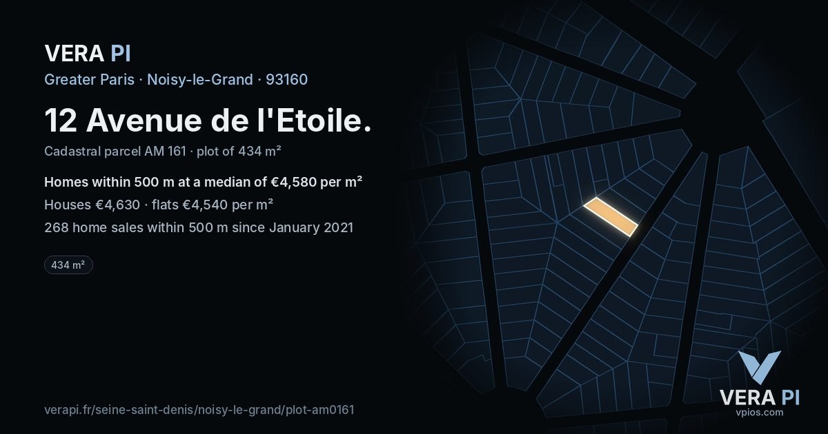 12 Avenue de l'Etoile, Noisy-le-Grand at night – the plot lit, the parcels around coloured by the prices near them