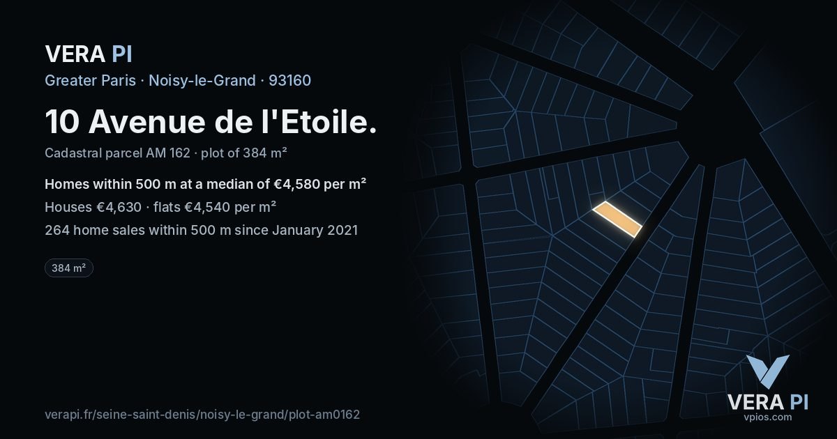 10 Avenue de l'Etoile, Noisy-le-Grand at night – the plot lit, the parcels around coloured by the prices near them