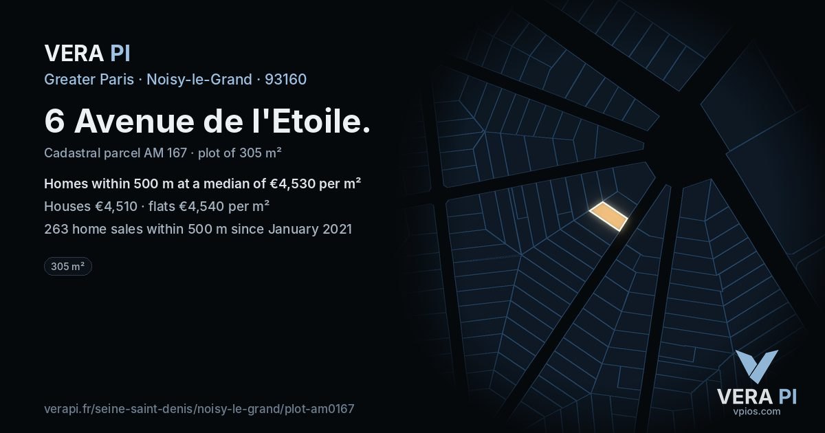 6 Avenue de l'Etoile, Noisy-le-Grand at night – the plot lit, the parcels around coloured by the prices near them