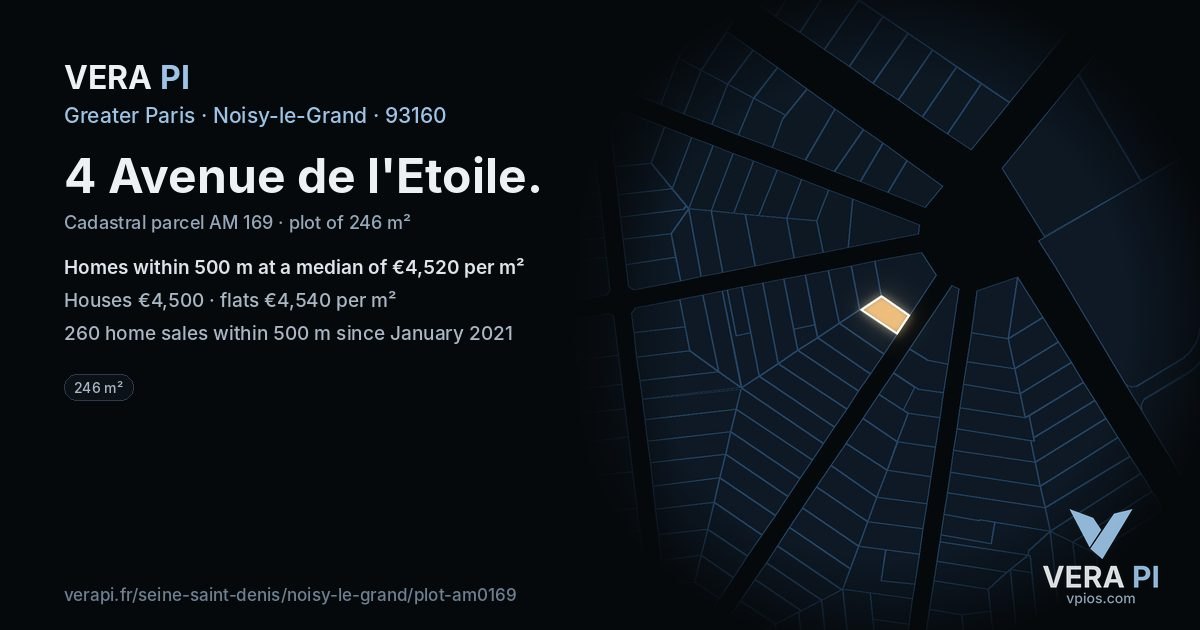 4 Avenue de l'Etoile, Noisy-le-Grand at night – the plot lit, the parcels around coloured by the prices near them