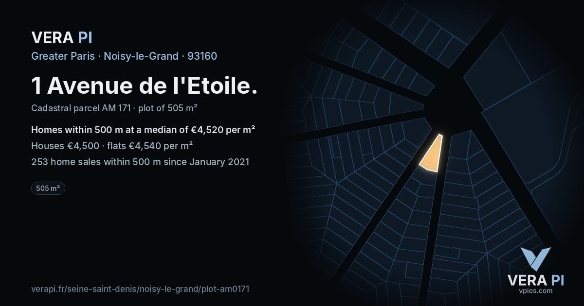 1 Avenue de l'Etoile, Noisy-le-Grand at night – the plot lit, the parcels around coloured by the prices near them