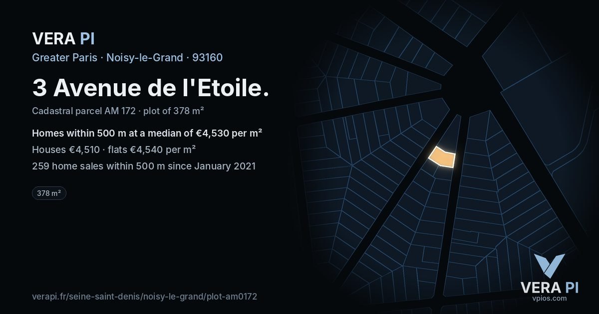 3 Avenue de l'Etoile, Noisy-le-Grand at night – the plot lit, the parcels around coloured by the prices near them