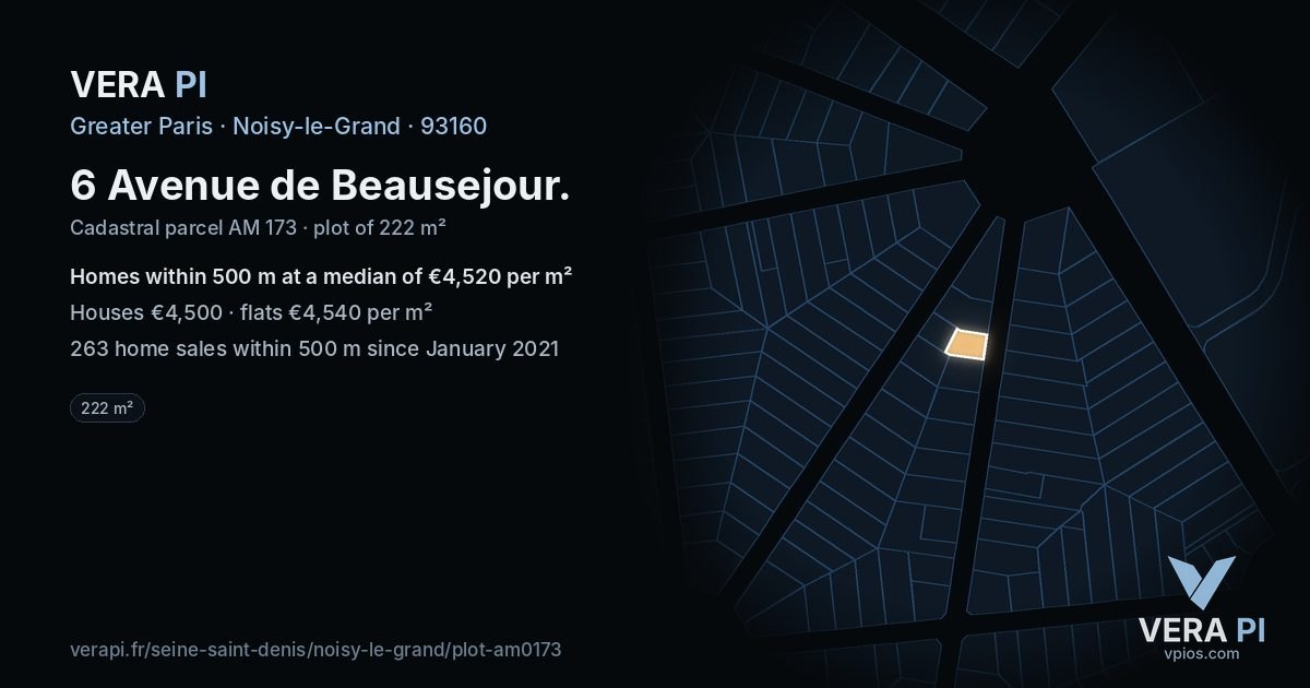 6 Avenue de Beausejour, Noisy-le-Grand at night – the plot lit, the parcels around coloured by the prices near them