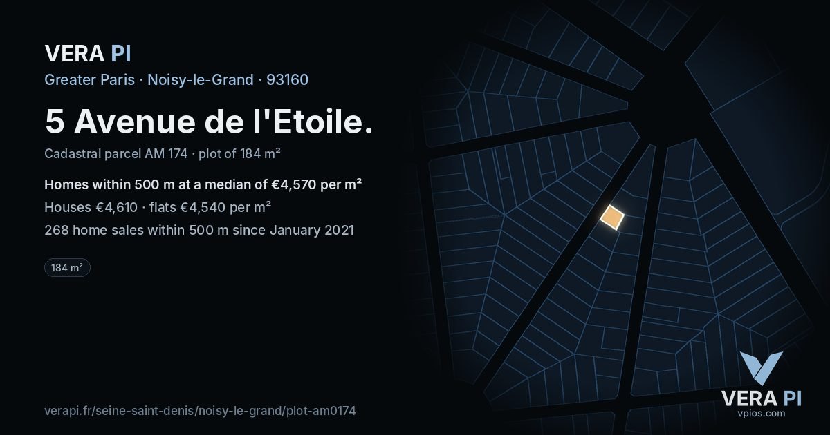 5 Avenue de l'Etoile, Noisy-le-Grand at night – the plot lit, the parcels around coloured by the prices near them