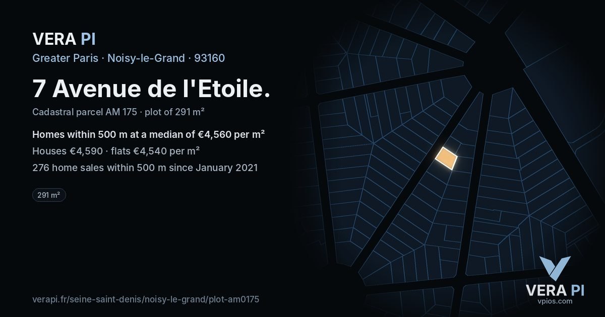7 Avenue de l'Etoile, Noisy-le-Grand at night – the plot lit, the parcels around coloured by the prices near them