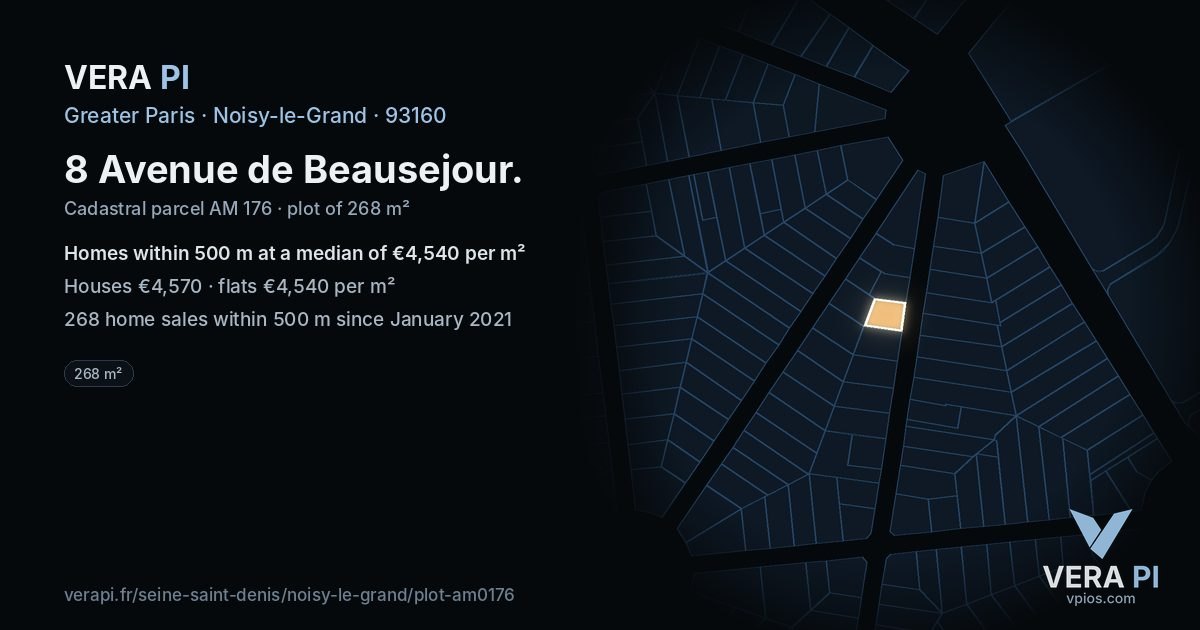 8 Avenue de Beausejour, Noisy-le-Grand at night – the plot lit, the parcels around coloured by the prices near them