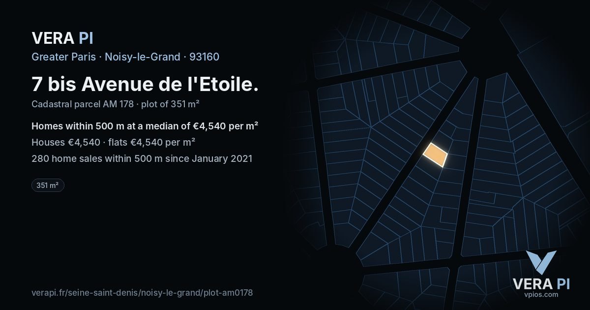 7 bis Avenue de l'Etoile, Noisy-le-Grand at night – the plot lit, the parcels around coloured by the prices near them