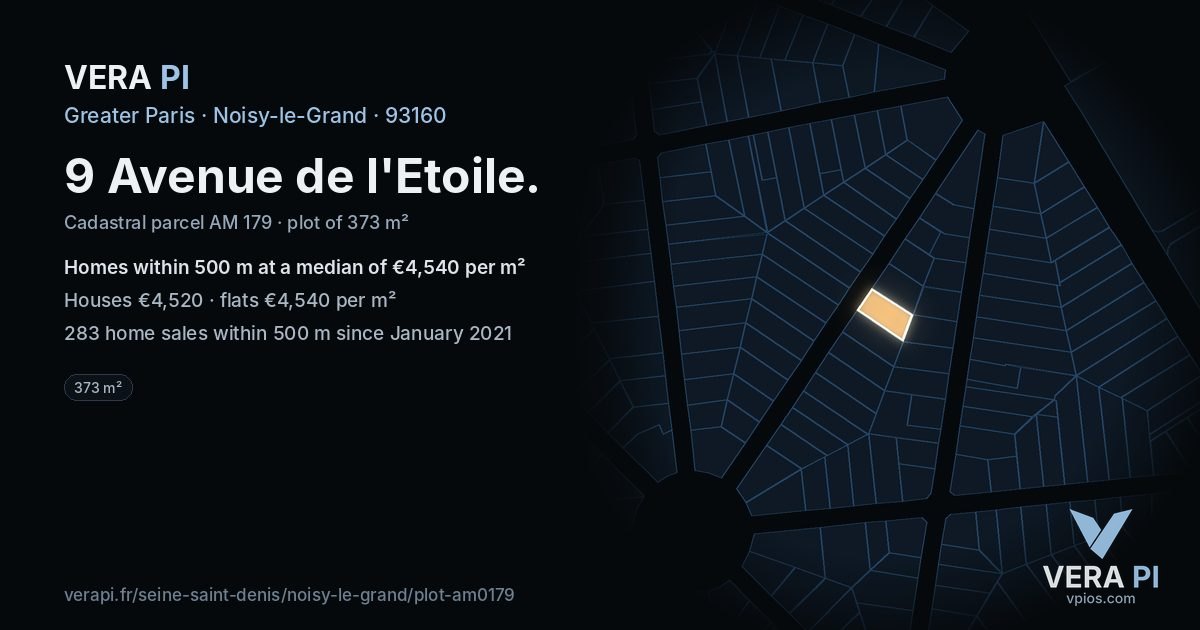 9 Avenue de l'Etoile, Noisy-le-Grand at night – the plot lit, the parcels around coloured by the prices near them