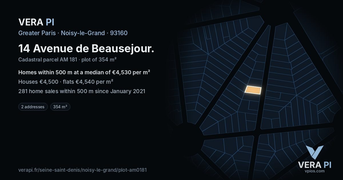 14 Avenue de Beausejour, Noisy-le-Grand at night – the plot lit, the parcels around coloured by the prices near them