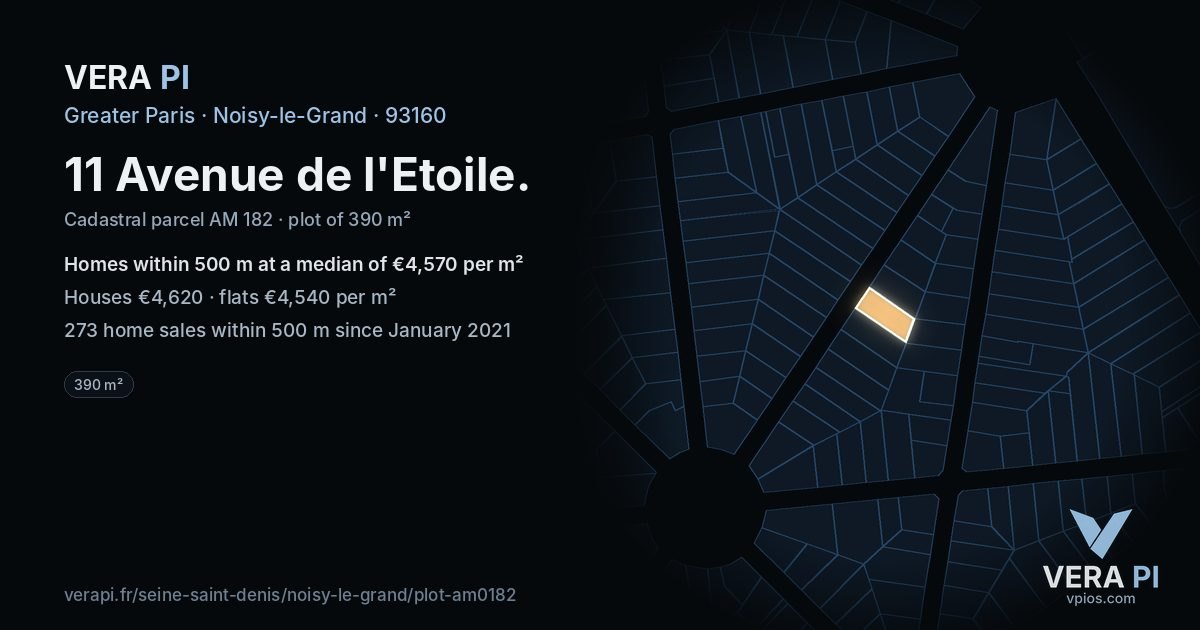 11 Avenue de l'Etoile, Noisy-le-Grand at night – the plot lit, the parcels around coloured by the prices near them
