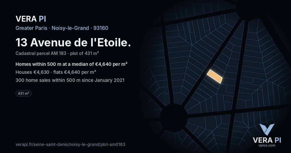 13 Avenue de l'Etoile, Noisy-le-Grand at night – the plot lit, the parcels around coloured by the prices near them