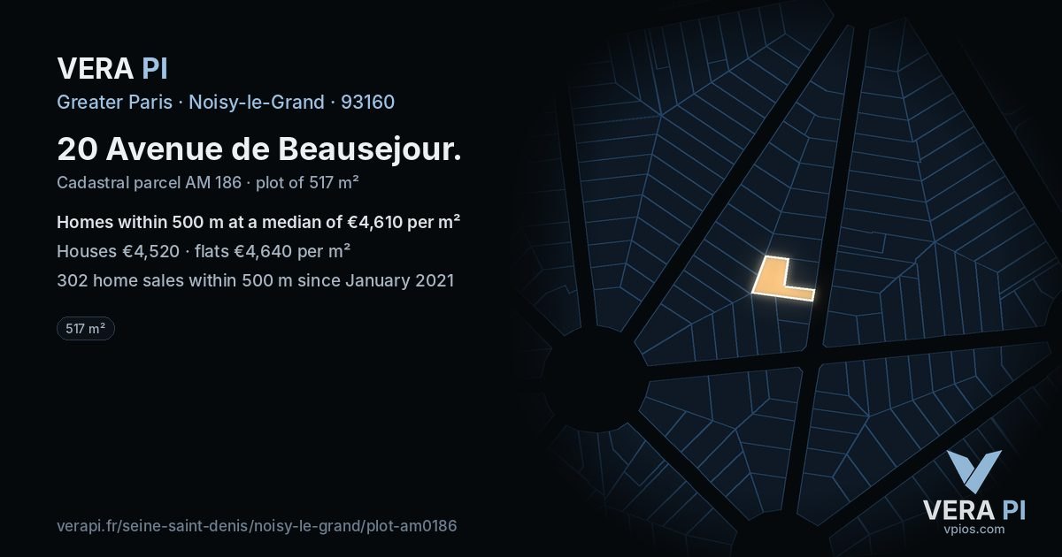 20 Avenue de Beausejour, Noisy-le-Grand at night – the plot lit, the parcels around coloured by the prices near them