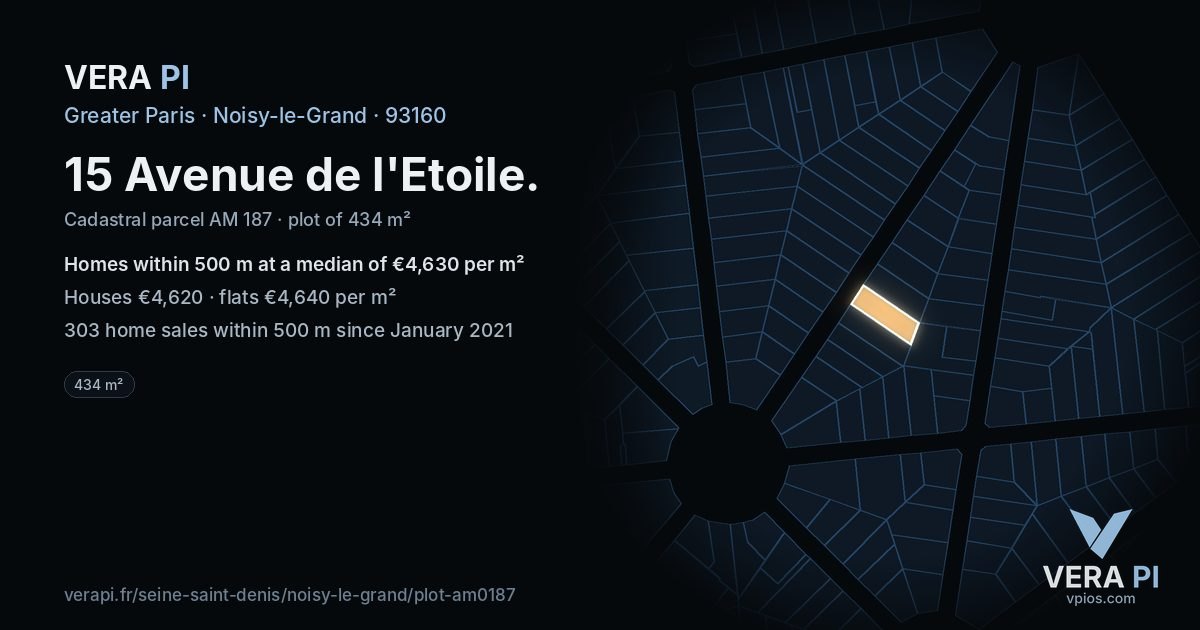 15 Avenue de l'Etoile, Noisy-le-Grand at night – the plot lit, the parcels around coloured by the prices near them