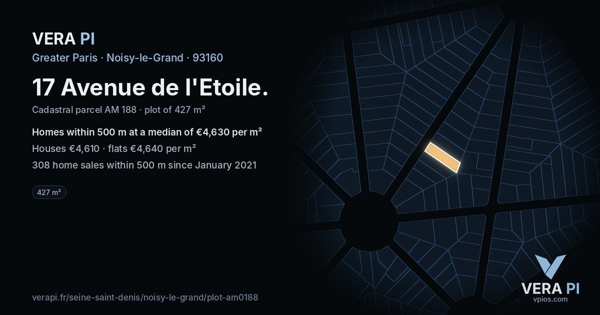 17 Avenue de l'Etoile, Noisy-le-Grand at night – the plot lit, the parcels around coloured by the prices near them