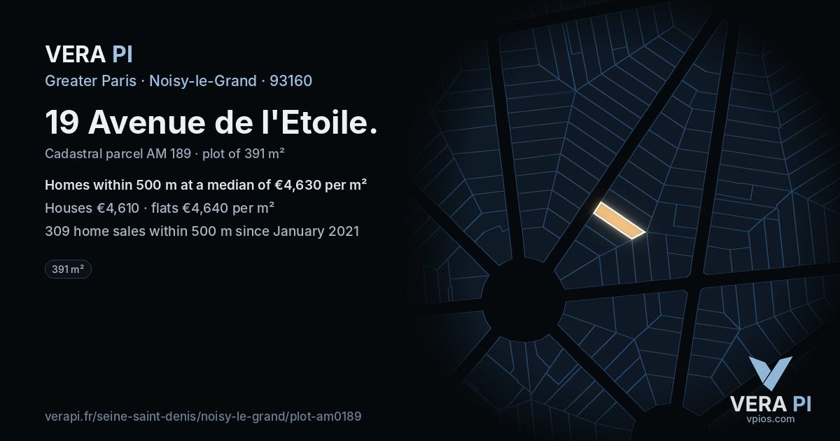 19 Avenue de l'Etoile, Noisy-le-Grand at night – the plot lit, the parcels around coloured by the prices near them