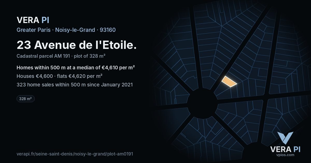 23 Avenue de l'Etoile, Noisy-le-Grand at night – the plot lit, the parcels around coloured by the prices near them