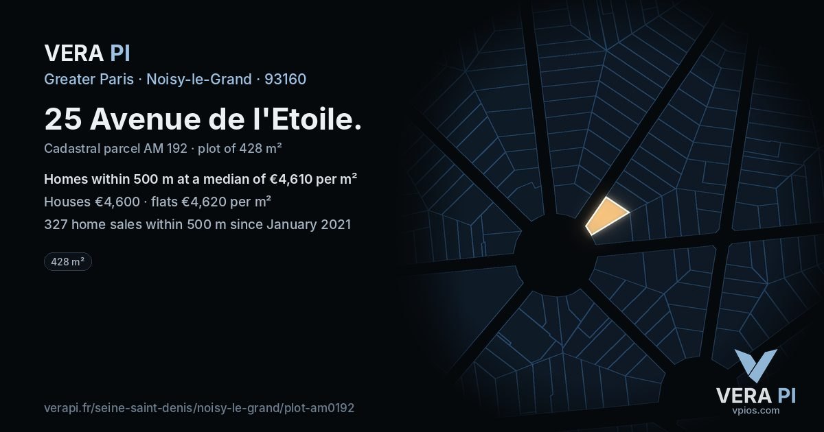 25 Avenue de l'Etoile, Noisy-le-Grand at night – the plot lit, the parcels around coloured by the prices near them