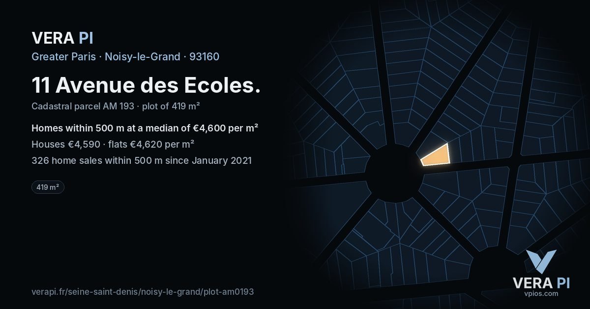 11 Avenue des Ecoles, Noisy-le-Grand at night – the plot lit, the parcels around coloured by the prices near them