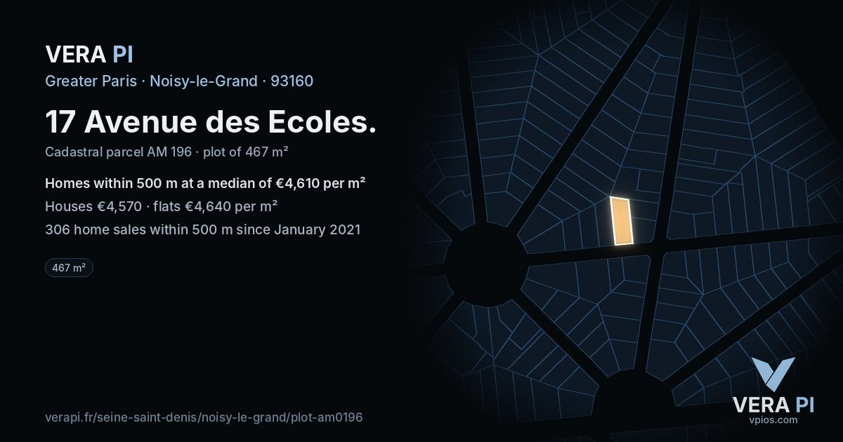 17 Avenue des Ecoles, Noisy-le-Grand at night – the plot lit, the parcels around coloured by the prices near them