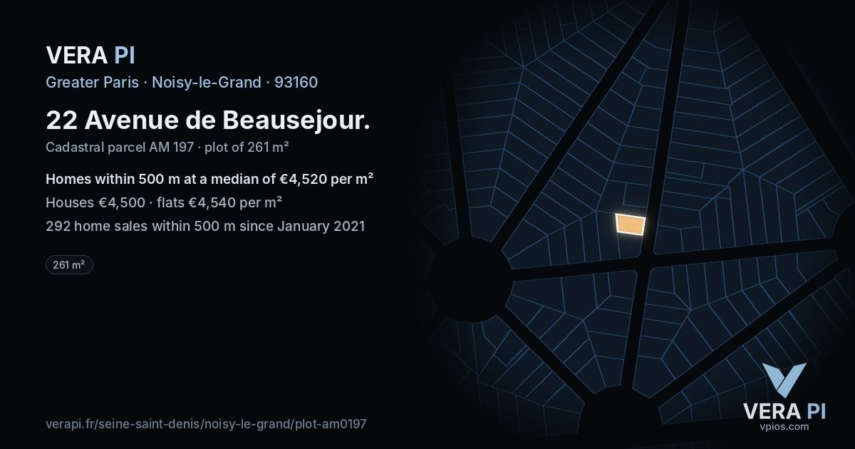 22 Avenue de Beausejour, Noisy-le-Grand at night – the plot lit, the parcels around coloured by the prices near them