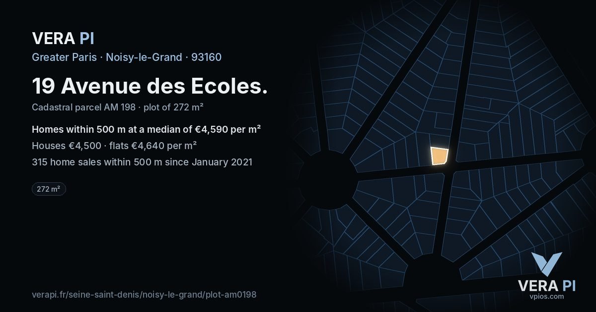 19 Avenue des Ecoles, Noisy-le-Grand at night – the plot lit, the parcels around coloured by the prices near them