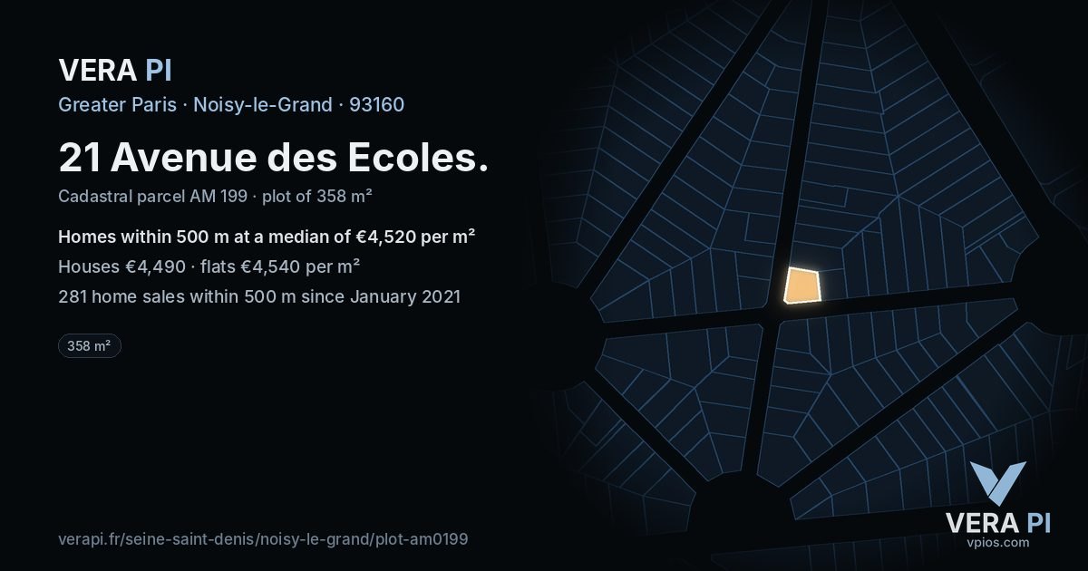 21 Avenue des Ecoles, Noisy-le-Grand at night – the plot lit, the parcels around coloured by the prices near them