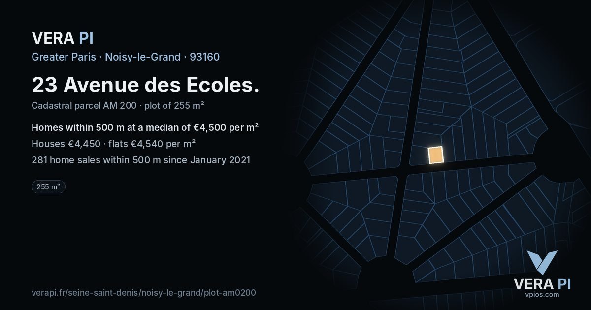 23 Avenue des Ecoles, Noisy-le-Grand at night – the plot lit, the parcels around coloured by the prices near them